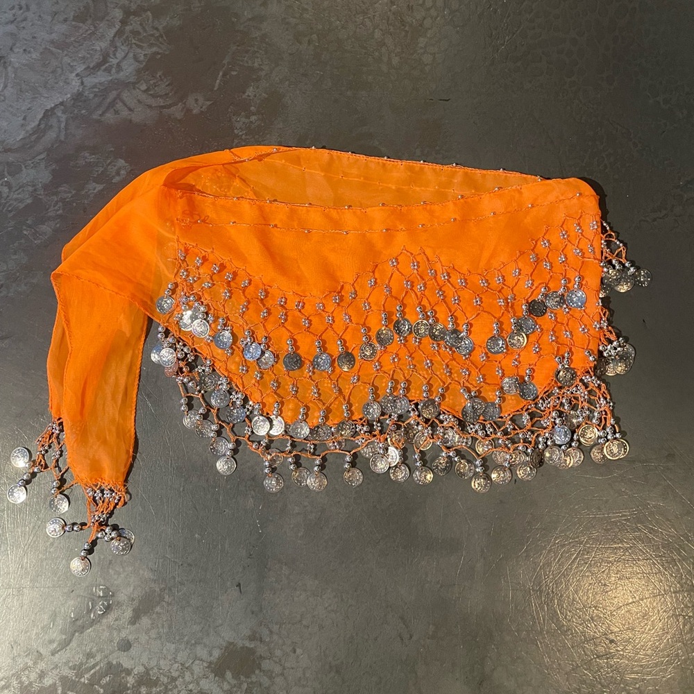 Orange Belly Dance Hip Scarf with Silver Coins